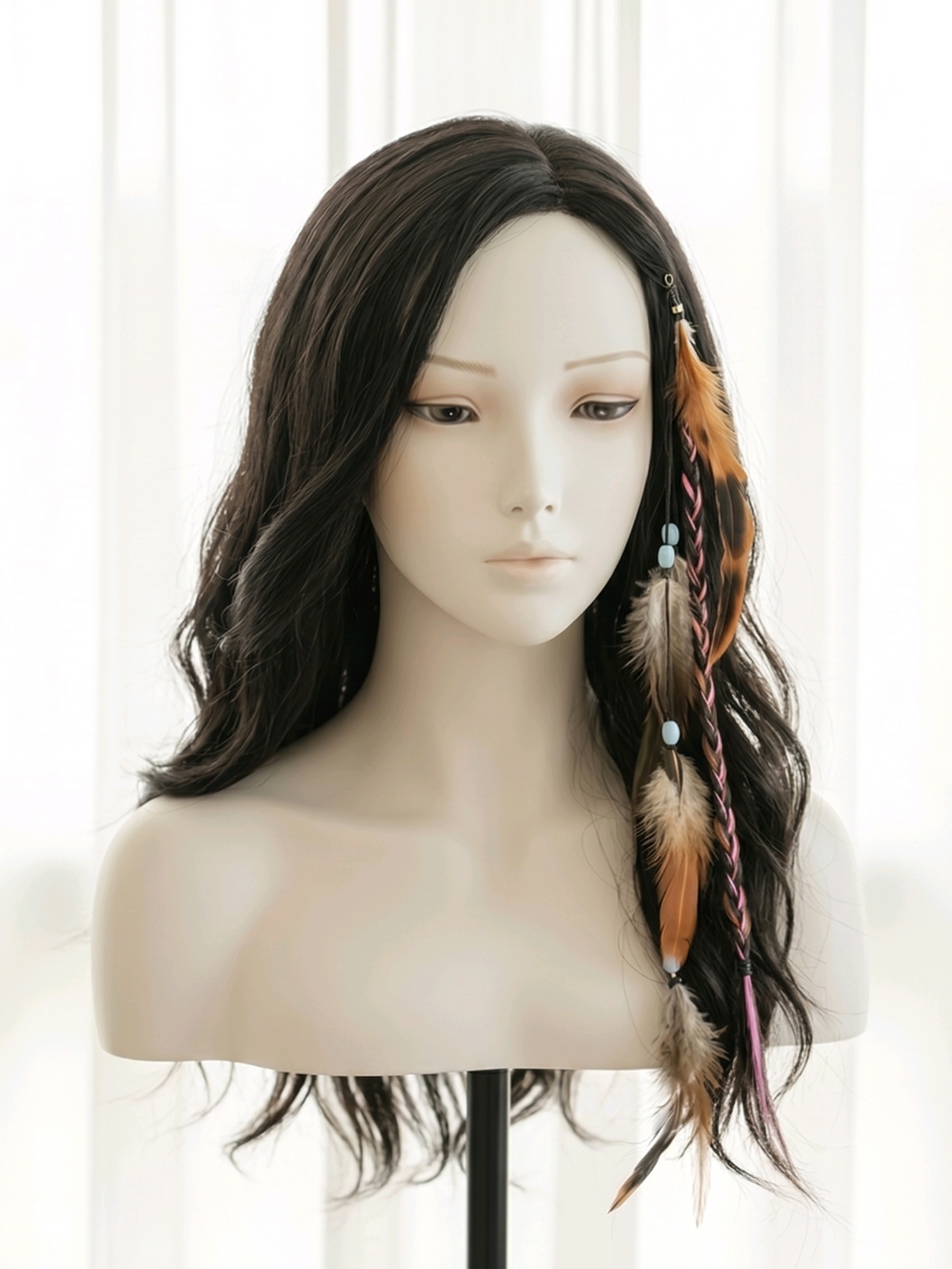 Boho Feather Hair Extension Accessory - Black with Brown & Pink Accents